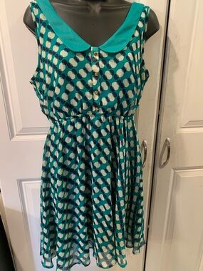 Xhilaration Teal Dress with Navy & Cream Polka Trim